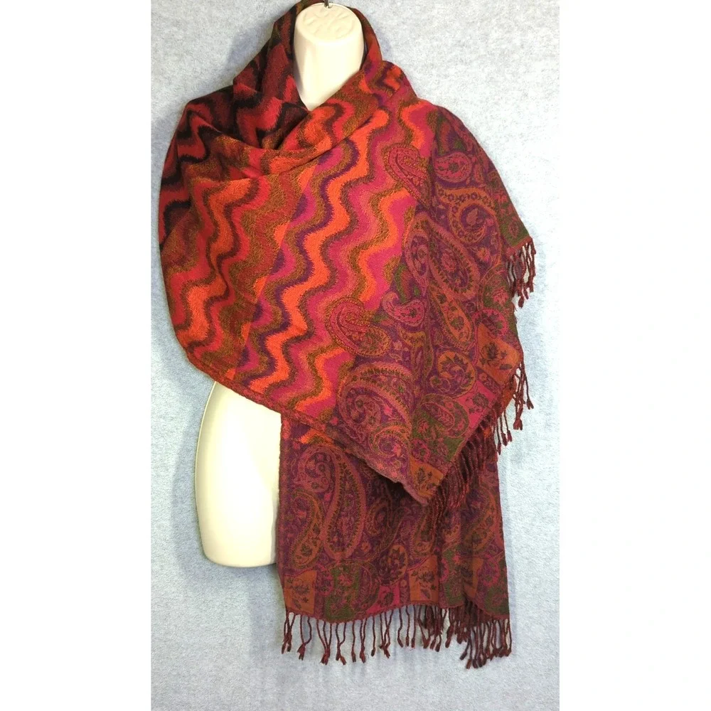 CODELLO 100% Wool Scarf Wrap  Abstract Paisley 68x26 Stunner Colors Chic Boho